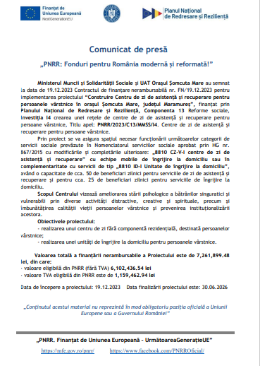 Începe proiectul ”Construire Centru de zi de asistență și recuperare pentru persoanele vârstnice în Șomcuta Mare